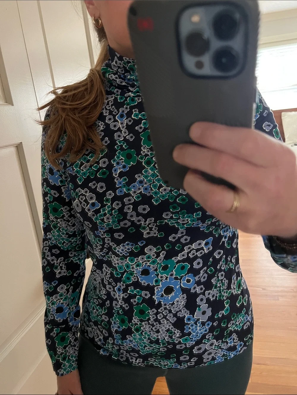 J. Crew Floral Printed Tissue Turtleneck large - navy teal multi